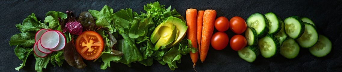 Poster - A row of vegetables including lettuce, carrots, tomatoes, and cucumbers