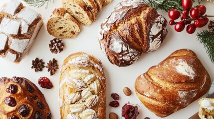 A variety of breads are displayed on a white table with a few pine cones