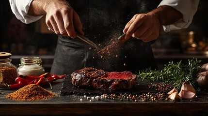 Wall Mural - A chef is preparing a steak with a lot of spices on a counter