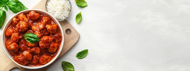 Sticker -  A tight shot of a bowl filled with food on a cutting board Nearby, a spoon and a separate bowl of rice are present