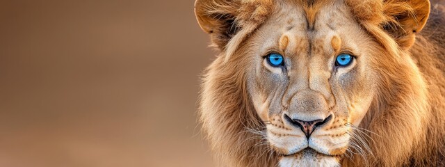 Wall Mural -  A tight shot of a lion's face with a piercing blue gaze