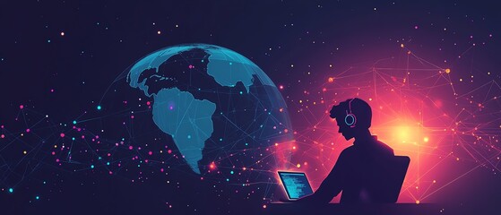 Leinwandbilder - Visual of technical support and customer service, highlighting a software engineer with a laptop, global network connections, and IT support digital system services