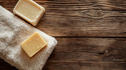 Cleanliness concept, top view flat lay two soap bars and white towel on wooden table with copy space.