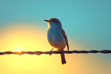 Wall Mural - A solitary bird perched on a wire against a vibrant sunset sky.