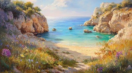 A painting of a beach with a rocky shore and a body of water