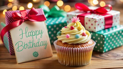 Poster - cupcake with present gifts happy birthday card