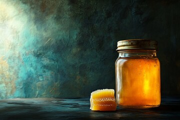 Wall Mural - A jar of honey is sitting on a table next to a piece of honeycomb