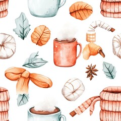 Sticker - A watercolor painting of a cozy scene with a cup of coffee, a scarf