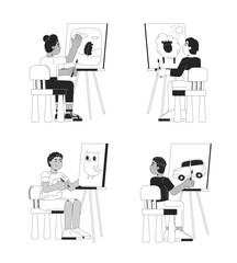 Fototapete - Diverse preteen kids painting canvas with easel black and white 2D line characters set. Schoolkids artists isolated vector outline people. Art studio classes monochrome spot illustrations collection