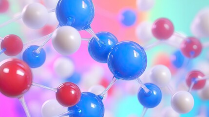 Wall Mural - Abstract 3D rendering of a molecule composed of blue, red, and white spheres connected by lines against a colorful background.