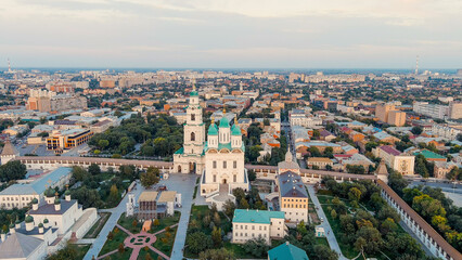 Wall Mural - Astrakhan, Russia. Cathedral of the Assumption of the Blessed Virgin. Astrakhan Kremlin during sunset, Aerial View