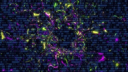 Wall Mural - Binary code animation over colorful abstract shapes on dark background