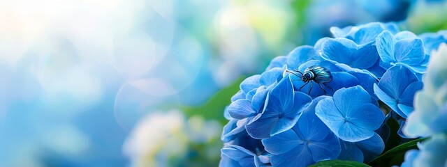  A tight shot of a blue flower with a bug nestled among its blooming petals