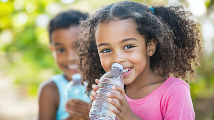 close up two multiracial kids drinking water in bottle and staying hydrated