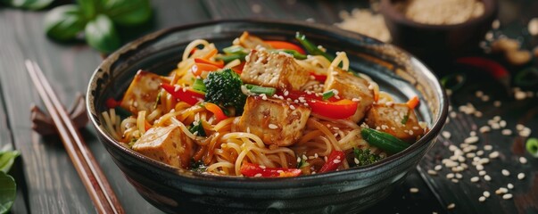 Thai peanut noodles with vegetables and tofu, 4K hyperrealistic photo