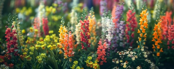 Sticker - Colorful snapdragons in a flower bed, 4K hyperrealistic photo