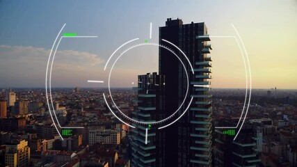 Poster - Targeting animation over cityscape with tall buildings at sunset
