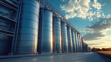 A large industrial building with many tanks and a cloudy sky in the background. Scene is industrial and somewhat ominous