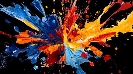 Multi-colored paint in the center of a pure transparent background, with vibrant reds, blues, and yellows. 