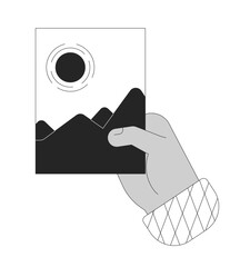 Poster - African american person hand holding landscape picture outline illustration. Showing highland nature photo in palm isolated 2D vector image black and white. Monochromatic drawing clip art
