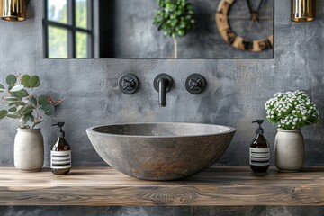 Wall Mural - Elegant stone sink with modern faucet and decorative plants in a contemporary bathroom setting