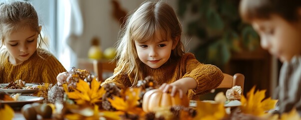 Children Helping to Set Thanksgiving Table with Autumn Leaves and Handmade Decors