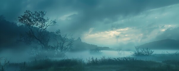 Poster - A mysterious fog blanketing the landscape in a soft embrace, 4K hyperrealistic photo