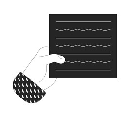 Poster - Hand holding paper outline illustration. Sheet with text strokes. Offering official commercial document to approve isolated 2D vector image black and white. Monochromatic drawing clip art