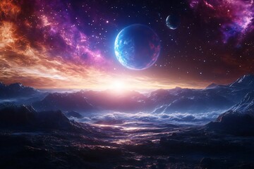 Wall Mural - A breathtaking cosmic landscape featuring a distant planet, vibrant nebula, and stunning interstellar colors at dawn.