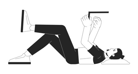 Poster - Lying man using laptop black and white 2D line character. Freelancer job conveniences. Caucasian male surfing internet via computer solated vector outline person. Monochromatic spot illustration