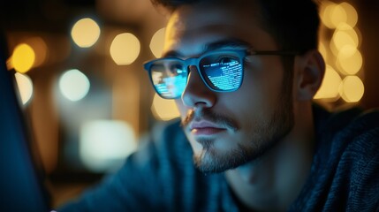 Poster - Young man focused on computer screen with reflections in glasses, surrounded by ambient lights during evening hours
