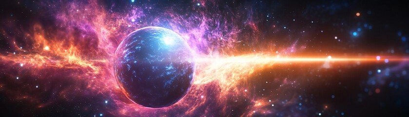 Wall Mural - A stunning cosmic scene displaying a celestial body surrounded by vibrant colors and stellar phenomena, evoking mystery and wonder.