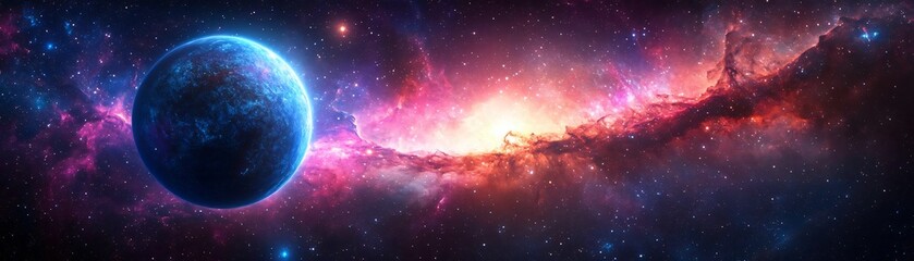 Wall Mural - A stunning cosmic scene showcasing a vibrant galaxy and a distant planet illuminated by colorful nebula clouds.