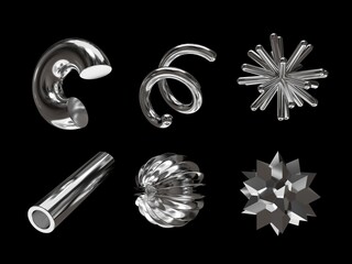 Poster - 3D rendering of a set of geometric objects, icons, chrome elements isolated on a black background. Abstract, silver metallic shapes for graphic design and mockups. Holographic material.