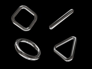 Poster - 3D rendering of a set of geometric objects, icons, chrome elements isolated on a black background. Abstract, silver metallic shapes for graphic design and mockups. Holographic material.