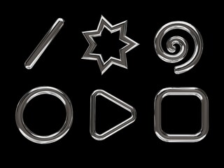 Poster - 3D rendering of a set of geometric objects, icons, chrome elements isolated on a black background. Abstract, silver metallic shapes for graphic design and mockups. Holographic material.