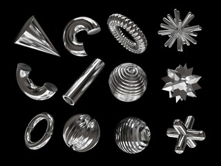 Poster - 3D rendering of a set of geometric objects, icons, chrome elements isolated on a black background. Abstract, silver metallic shapes for graphic design and mockups. Holographic material.