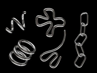 Poster - 3D rendering of a set of geometric objects, icons, chrome elements isolated on a black background. Abstract, silver metallic shapes for graphic design and mockups. Holographic material.