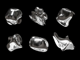 Poster - 3D rendering of a set of geometric objects, icons, chrome elements isolated on a black background. Abstract, silver metallic shapes for graphic design and mockups. Holographic material.