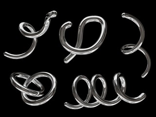 Poster - 3D rendering of a set of geometric objects, icons, chrome elements isolated on a black background. Abstract, silver metallic shapes for graphic design and mockups. Holographic material.