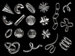 Poster - 3D rendering of a set of geometric objects, icons, chrome elements isolated on a black background. Abstract, silver metallic shapes for graphic design and mockups. Holographic material.