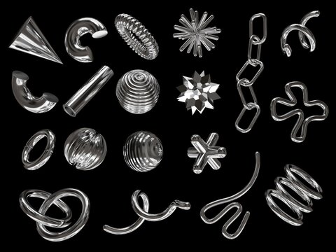 3D rendering of a set of geometric objects, icons, chrome elements isolated on a black background. Abstract, silver metallic shapes for graphic design and mockups. Holographic material.