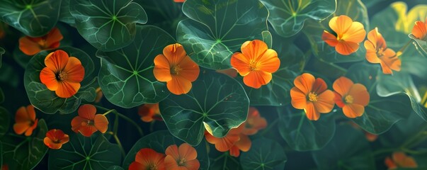 Sticker - Sunlit nasturtiums with vibrant orange petals, 4K hyperrealistic photo