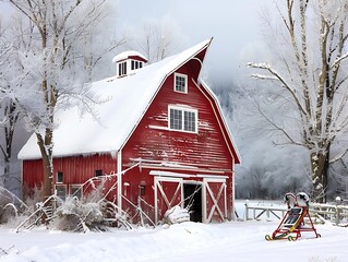 red house in winter tree