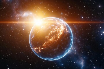 Wall Mural - A stunning view of a distant planet glowing in the cosmos, illuminated by the light of a distant star, surrounded by vibrant galaxies.