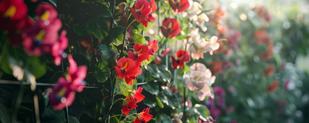 Sticker - Colorful sweet peas climbing a trellis, 4K hyperrealistic photo