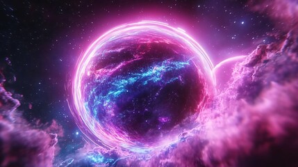 Wall Mural - A vibrant cosmic scene featuring a glowing planet surrounded by colorful nebulae and stars, perfect for sci-fi and space themes.