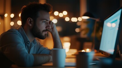 Poster - young man working late at night in a cozy workspace with warm lights and focused expression on his f