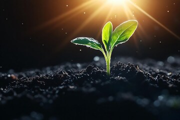 A vibrant seedling emerging from dark soil, illuminated by soft sunlight, symbolizing growth and renewal in nature.