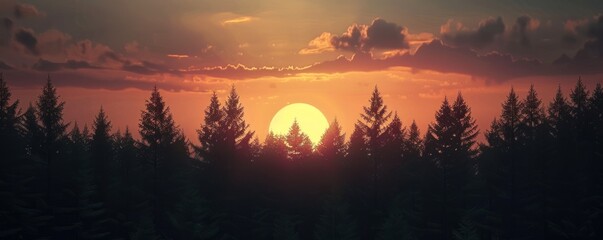 Wall Mural - Sunset creating silhouettes of distant trees, 4K hyperrealistic photo,